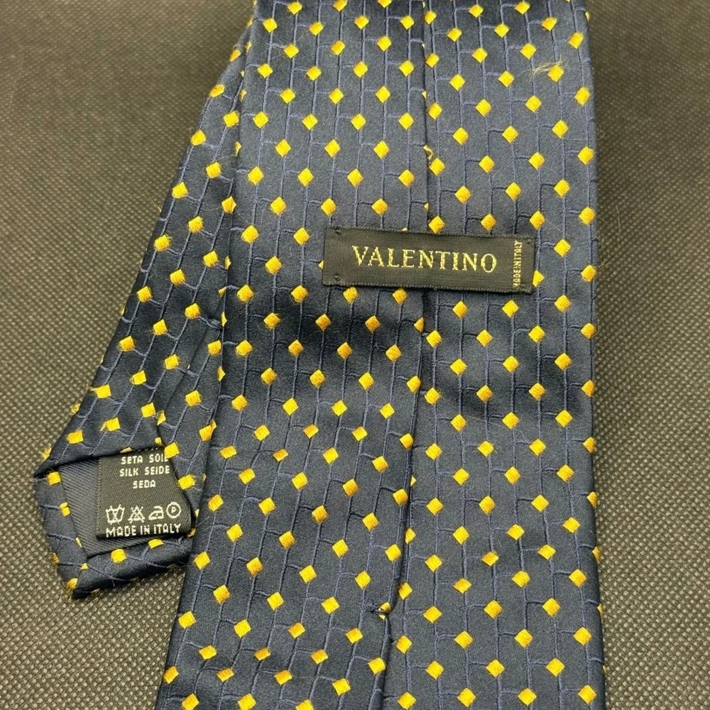 Vintage 1990s Valentino Navy Blue Yellow Diamond Silk Tie 4